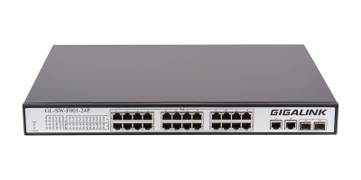 Коммутатор PoE GIGALINK GL-SW-F001-24P, 24 порта 10/100Мб/с, 2*SFP, 220В